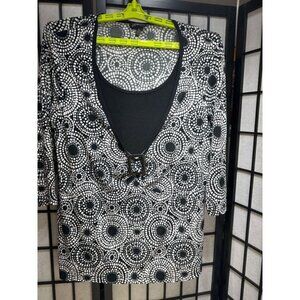 Lane Bryant Top Womens 18/20 Black White Geometric Buckle 3/4 Sleeve Blouse